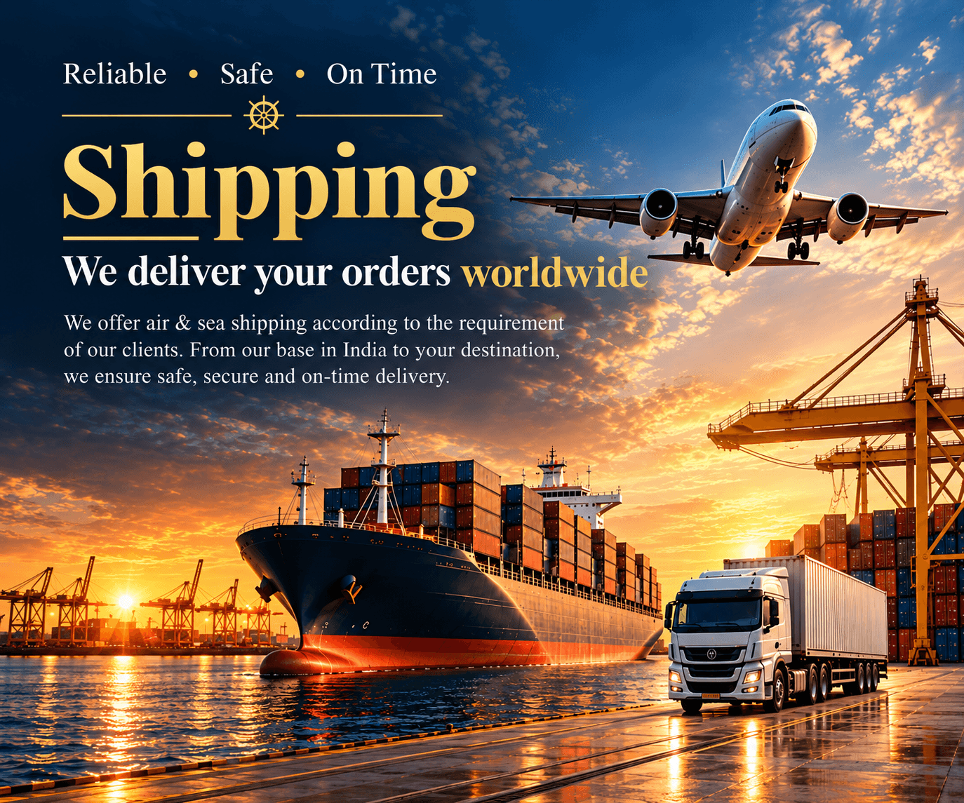 Shipping — we deliver your orders worldwide by air and sea. Cargo ship, aircraft and truck at port